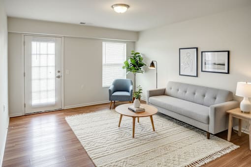 A living room with a grey couch, a blue chair, a coffee table, and a rug.
