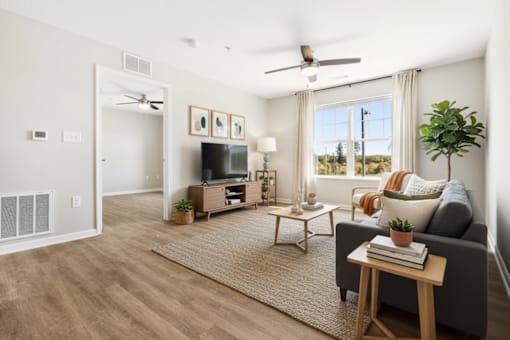 A living room with a grey couch, a wooden coffee table, a flat screen TV, and a ceiling fan.