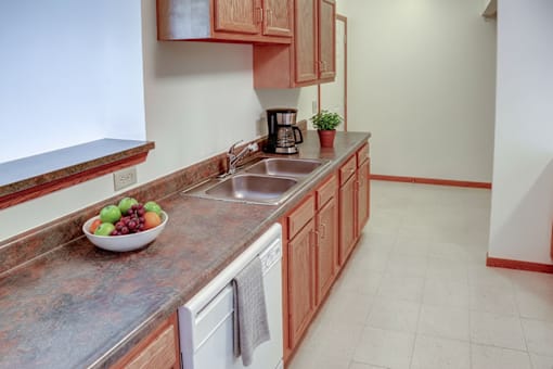 A kitchen with wooden cabinets and a marble countertop.
