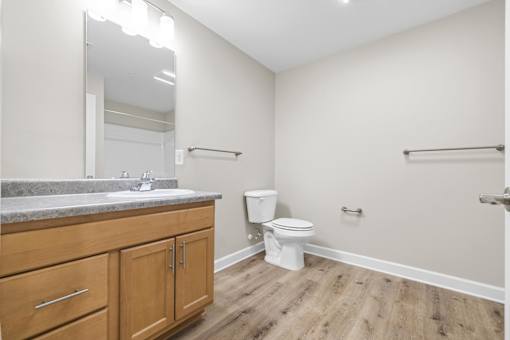A bathroom with a toilet, sink, and wooden floors.