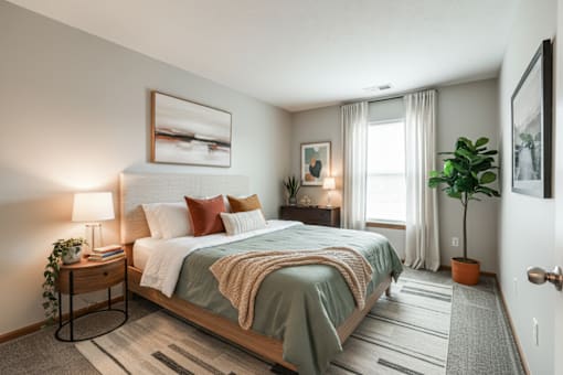 A bedroom with a bed, nightstand, and a plant.