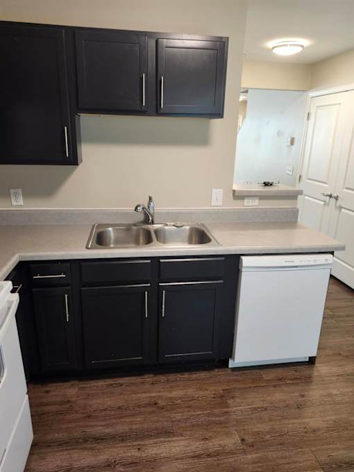 A kitchen with black cabinets and a white dishwasher.