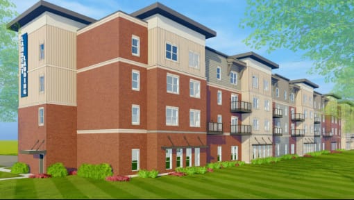 a rendering of a three story apartment building with a green lawn