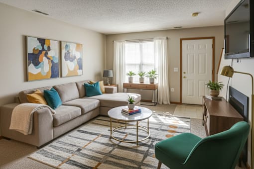 A living room with a grey couch, a green chair, and a coffee table.