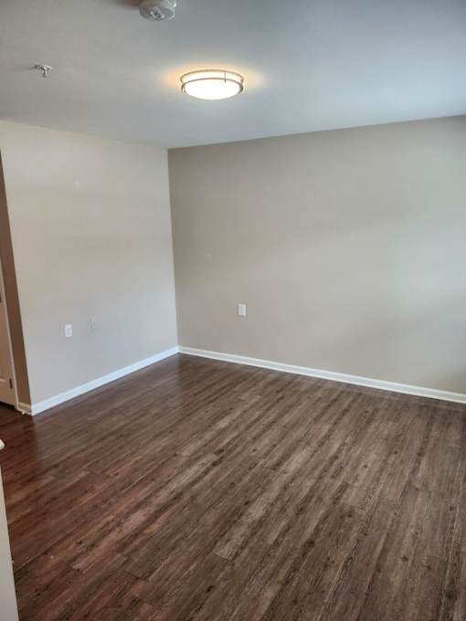 A room with wooden flooring and a ceiling light.