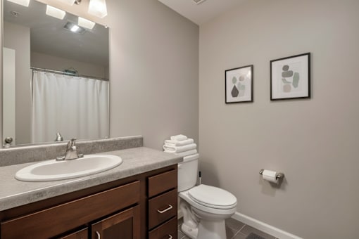 A bathroom with a toilet, sink, and two pictures on the wall.