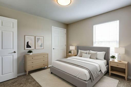 A bedroom with a large bed and a dresser.