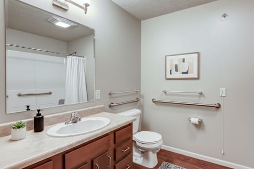 A bathroom with a toilet, sink, and mirror.