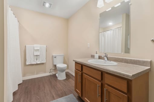 A bathroom with a toilet, sink, and mirror.