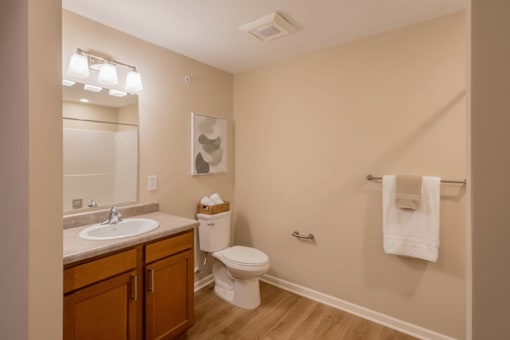 A bathroom with a toilet, sink, and towel rack.