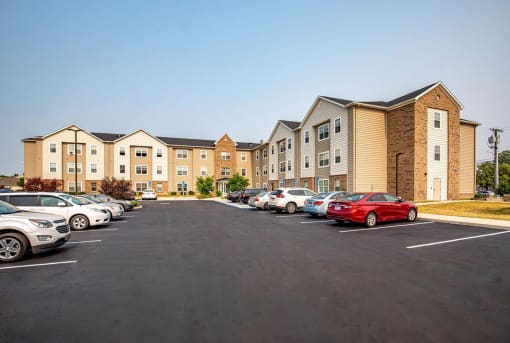 a parking lot in front of a building
