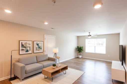 A living room with a grey couch, a wooden coffee table, and a flat screen TV.