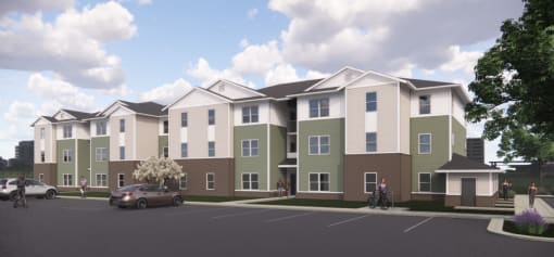 a rendering of a three story apartment building with cars parked in front