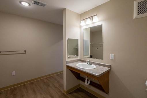 A bathroom with a sink, mirror, and wooden floor.
