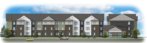 a rendering of a brick building with trees in front of it