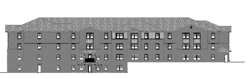 a rendering of a large gray building with many windows