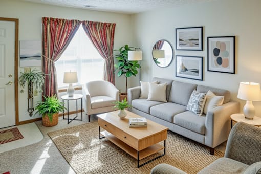 A living room with a grey couch, a coffee table, and a large window with red curtains.