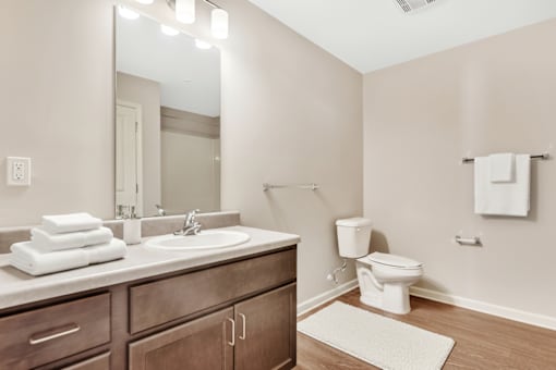 A bathroom with a toilet, sink, and mirror.