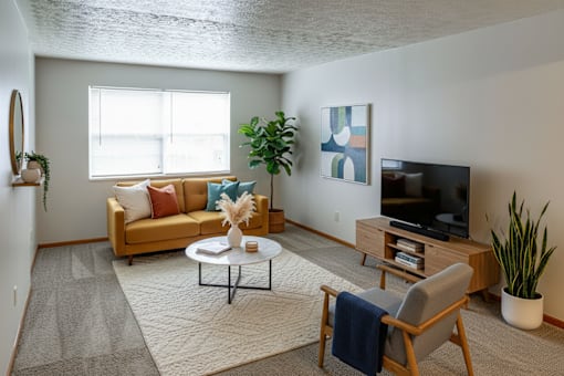 A living room with a sofa, a chair, a coffee table, and a television.