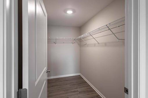 A walk-in closet with a light on the ceiling.