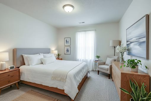 A bedroom with a large bed, a chair, and a painting on the wall.