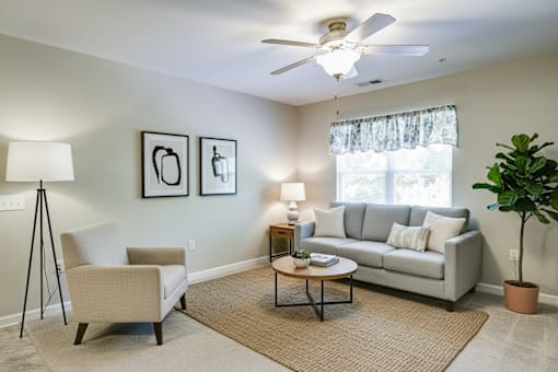 A living room with a beige couch, a coffee table, a lamp, and a plant.