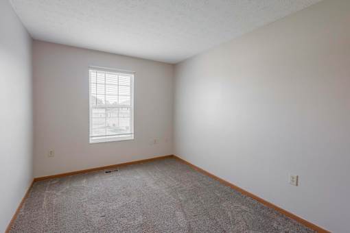 A room with a carpeted floor and a window letting in light.