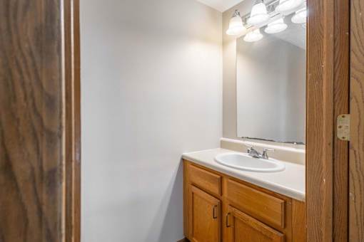 A bathroom with a sink and a mirror.