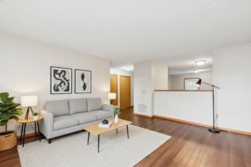 A living room with a grey couch, a white rug, and two framed pictures on the wall.