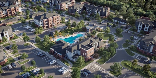 an aerial view of an urban neighbourhood with a swimming pool