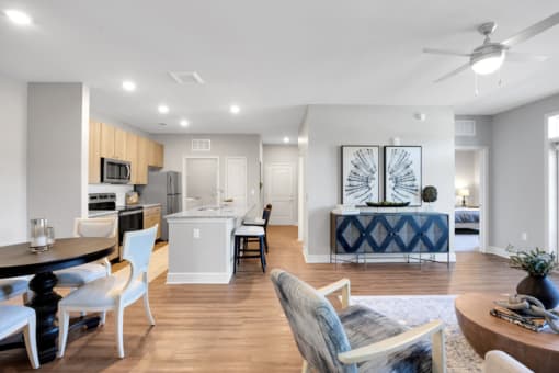 Living Room, Dining Area, and Kitchen
