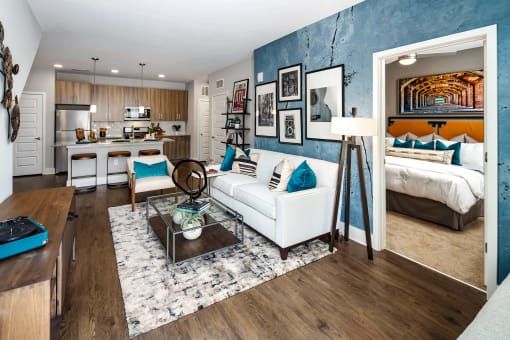 Living Room, Bedroom, and Dining Area