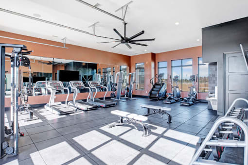 a gym with a lot of workout equipment and windows