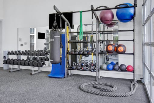 a view of the fitness center with weights and other exercise equipment