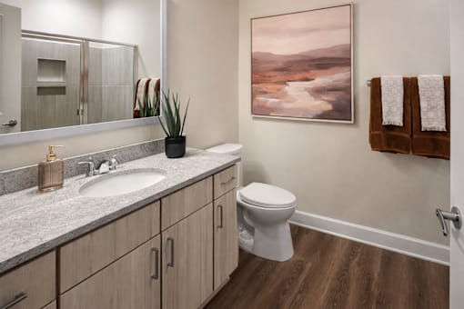 A bathroom with a toilet, sink, and a painting on the wall.