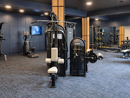 Strength-training machines, free weights and fitness equipment at Argento on the Broad apartments in Arden, NC