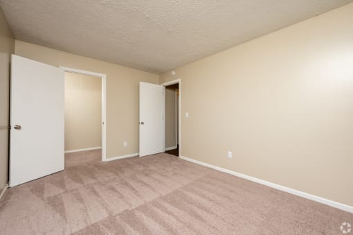 an empty living room with carpet and a door to a closet