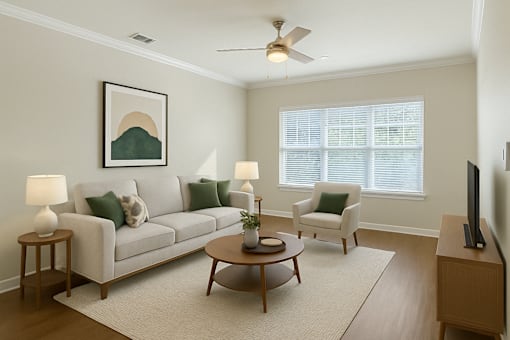 A living room with a white couch, a coffee table, and a painting on the wall.