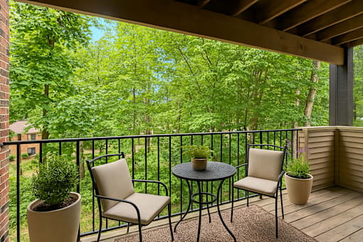 A patio with a table and chairs overlooking a green forest.