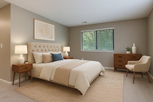 A bedroom with a large bed, a nightstand, a chair, and a painting on the wall.