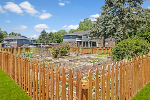 a garden with a wooden fence and house in the background
