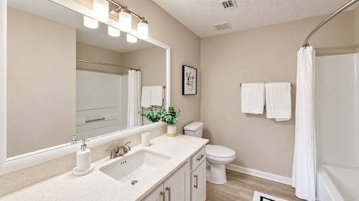 Bathroom with a white vanity, framed mirror, toilet, and tub with shower curtain at Icon Cartersville.