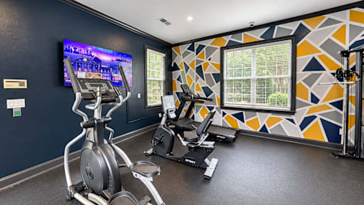 Fitness center with an elliptical, recumbent bike, and treadmill beside a geometric accent wall at Icon Cartersville.