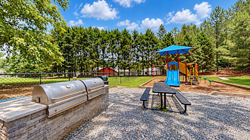 Outdoor playground with a blue slide, picnic table, and nearby built-in grill at Icon Cartersville.