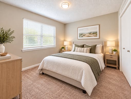 Bright apartment bedroom with carpet, large window, closet doors, and neutral finishes at Madison Park in Birmingham, AL.