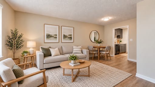Bright apartment living area with wood-style flooring and adjoining dining space at Madison Park Apartments & Townhomes in Birmingham.