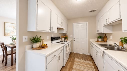 Galley-style apartment kitchen with white cabinets, double sink, and wood-style flooring at Madison Park Apartments & Townhomes.