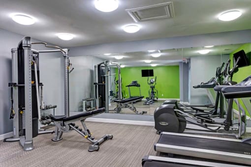 a gym with weights and other equipment in a room with green walls