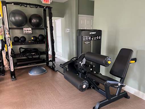A gym with a weight bench, a squat rack, and a wall-mounted pull up bar.