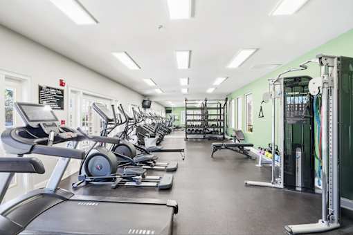 A gym with treadmills, weights, and exercise equipment.